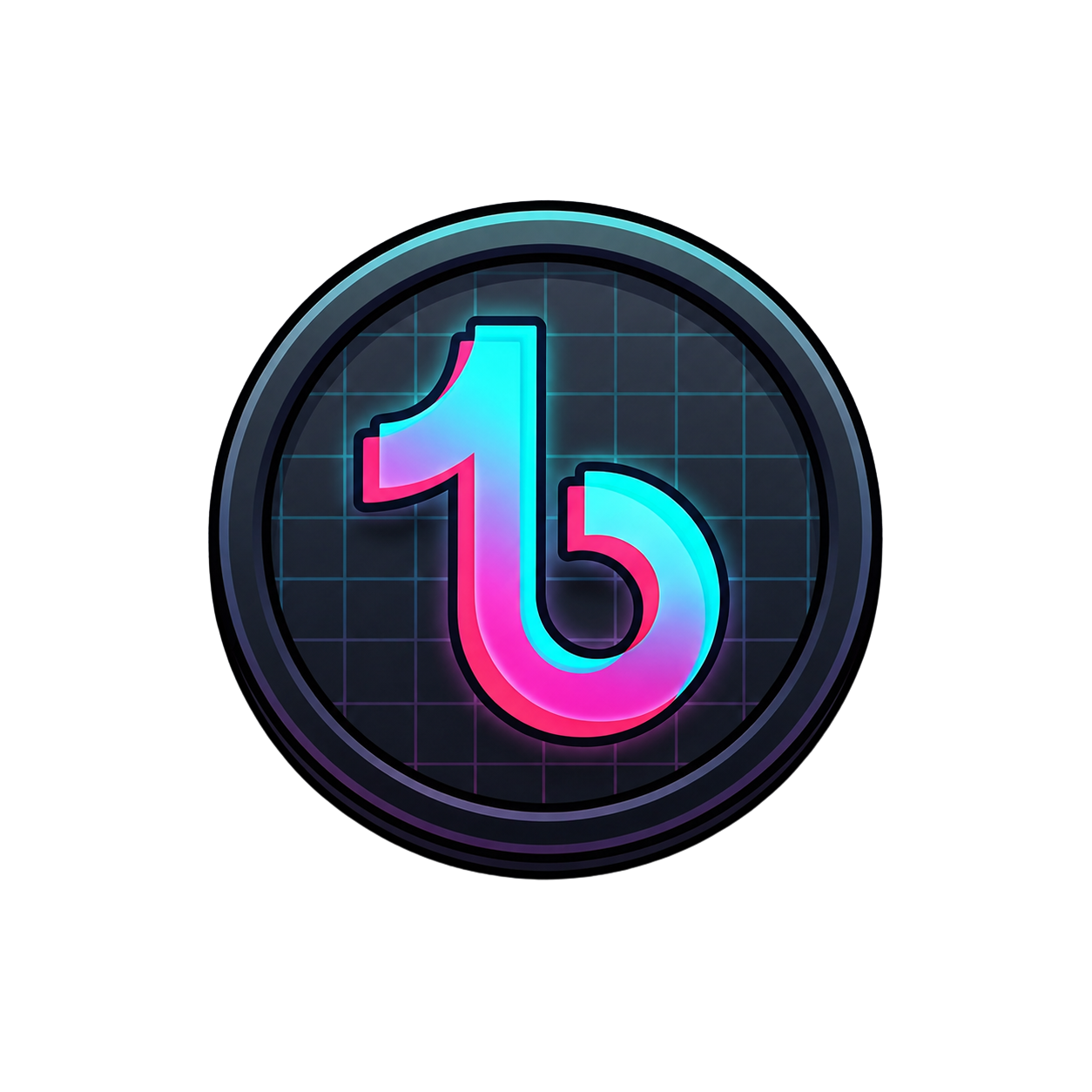 Toktik Coin — a glowing circular emblem with a stylized number-one-and-flip icon in cyan and magenta
